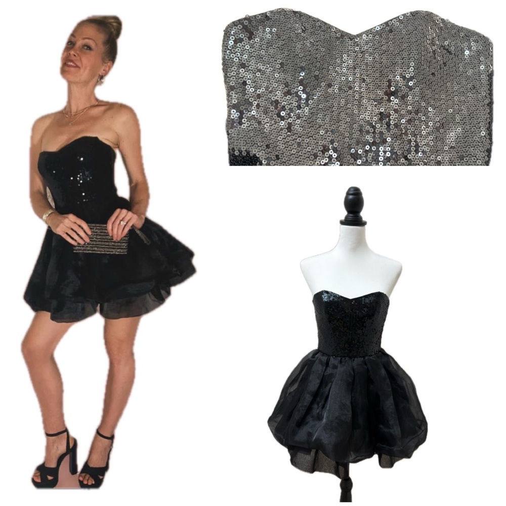 Betsey Johnson sequin tulle black 80s strapless mini dress size 0 prom Y2K